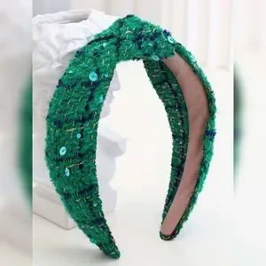 Luxe Boutique | New! ✨ Emerald Green & Blue Tweed Weave & Sequin Fabric Headband Green Crystal Velvet Headband for Girls main image 3